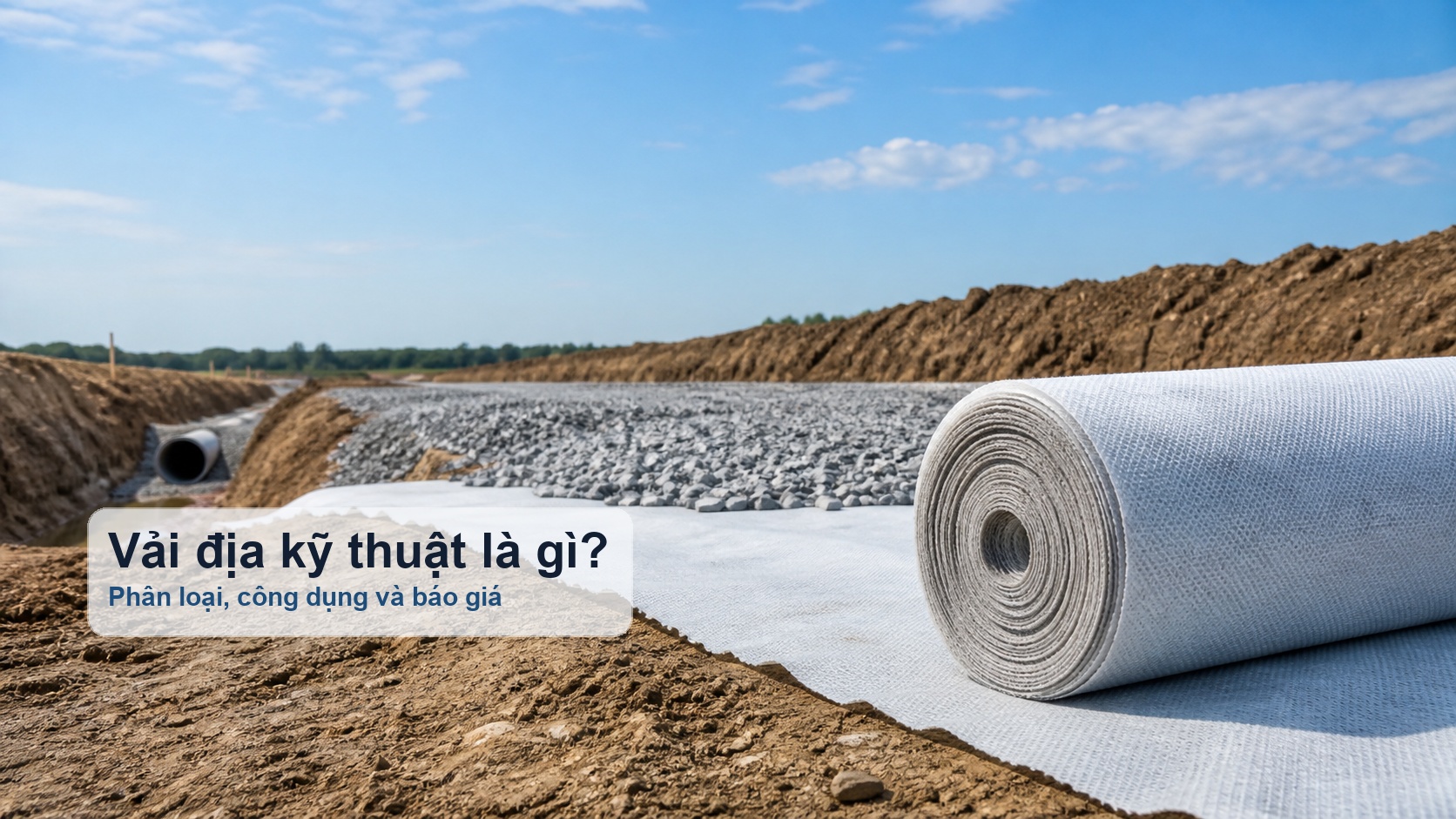 Hero bài vải địa kỹ thuật với cuộn vật liệu công trình và tiêu đề overlay rõ ràng