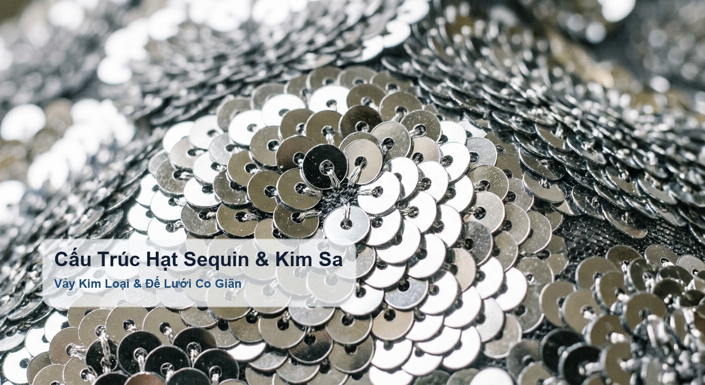 Cấu trúc đính vảy sequin và nền lưới co giãn của vải kim sa - Bảo Hộ Xuân Thành