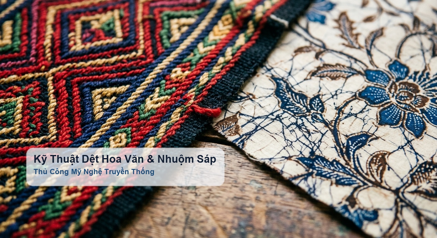 Kỹ thuật dệt thủ công thổ cẩm và vẽ sáp ong nhuộm chàm batik - Bảo Hộ Xuân Thành