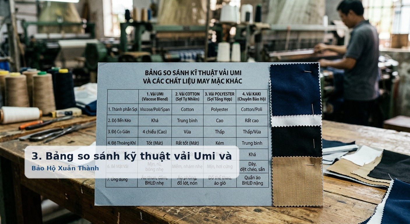 3. Bảng so sánh kỹ thuật vải Umi và các chất liệu may mặc khác - Bảo Hộ Xuân Thành