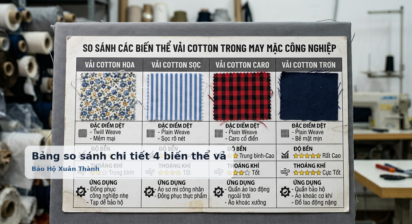 Bảng so sánh chi tiết 4 biến thể vải cotton trong may mặc công nghiệp - Bảo Hộ Xuân Thành