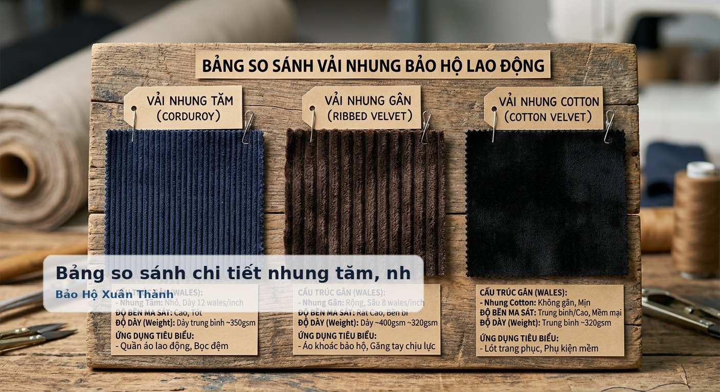 Bảng so sánh chi tiết nhung tăm, nhung gân và nhung cotton - Bảo Hộ Xuân Thành