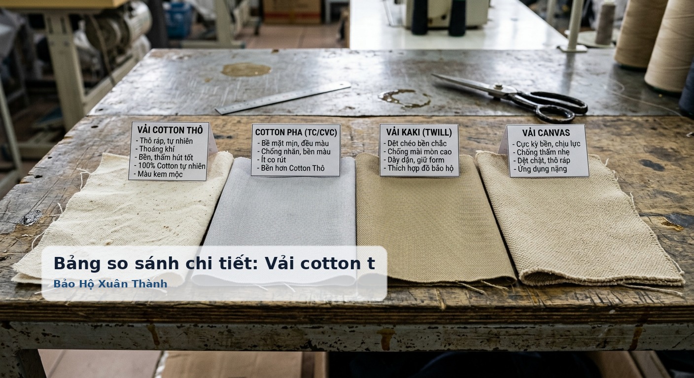 Bảng so sánh chi tiết: Vải cotton thô với Cotton pha, Kaki và Canvas - Bảo Hộ Xuân Thành
