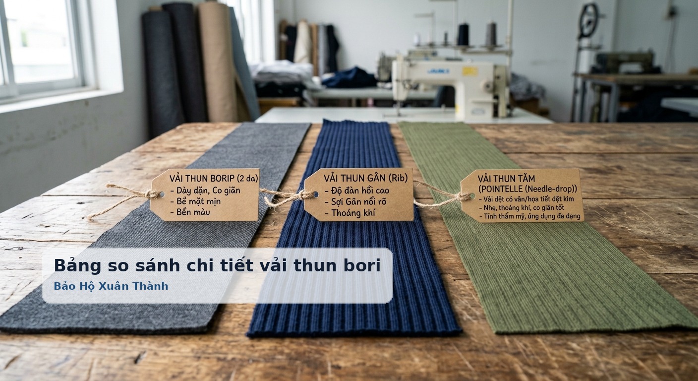 Bảng so sánh chi tiết vải thun borip, thun gân và thun tăm - Bảo Hộ Xuân Thành