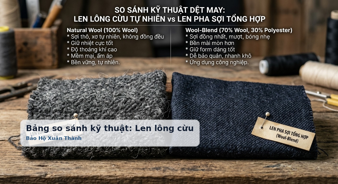 Bảng so sánh kỹ thuật: Len lông cừu tự nhiên vs Len pha sợi tổng hợp (Wool-Blend) - Bảo Hộ Xuân Thành