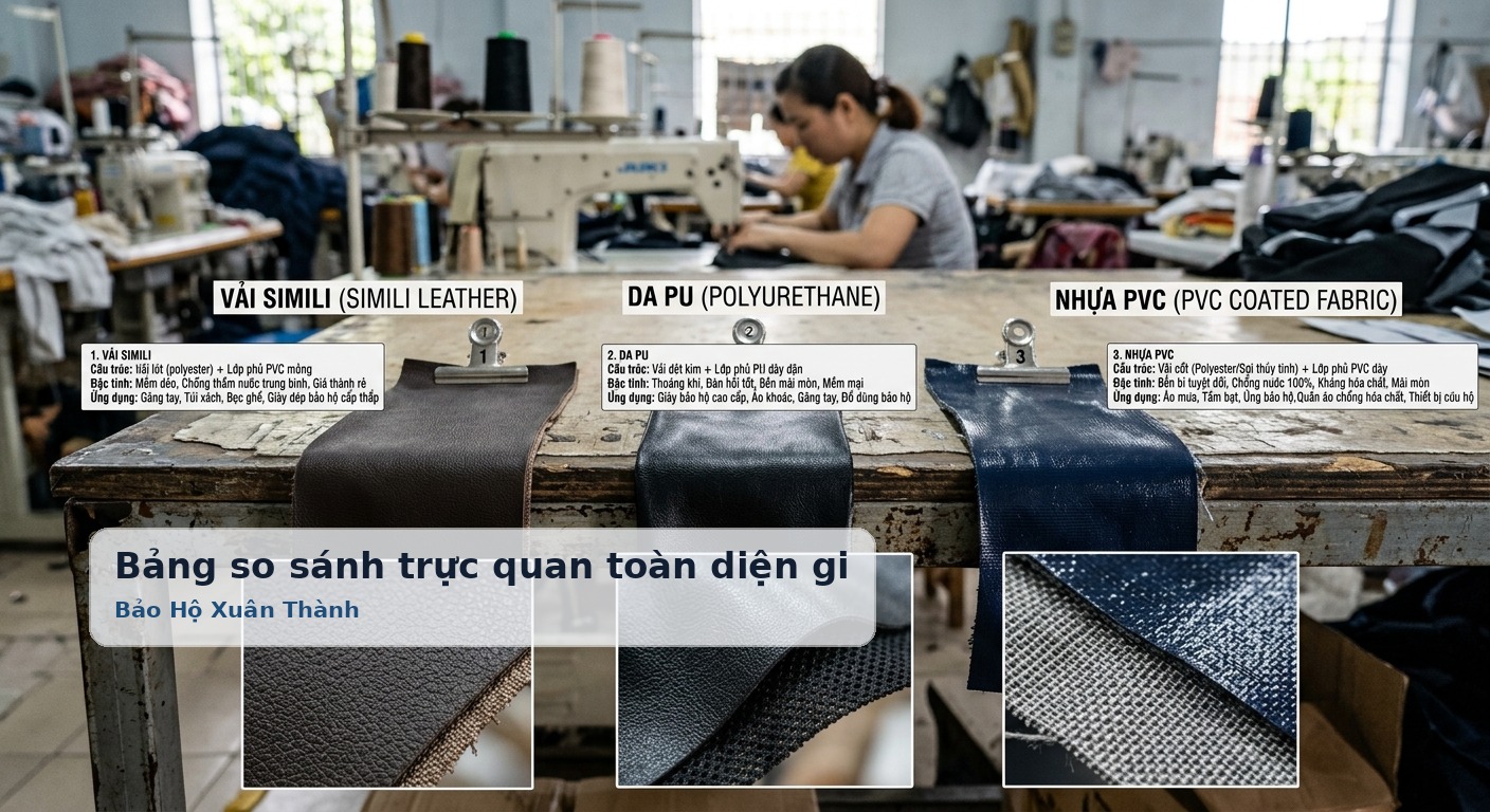 Bảng so sánh trực quan toàn diện giữa vải Simili, da PU và nhựa PVC - Bảo Hộ Xuân Thành